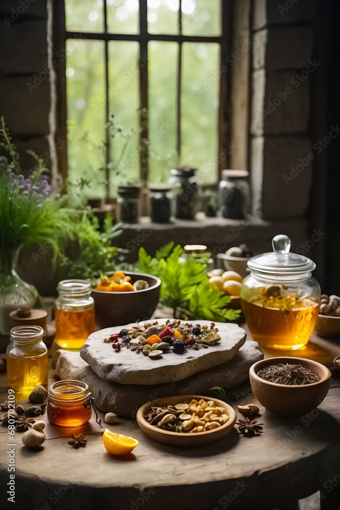 Wooden Table Full of Natural Remedies, Teas, Elixirs, and Life-Saving Plants. Traditional Medicine. Organic Fruits and Vegetables. Organic Food. Bio Food Wooden Table Full of Natural Remedies, Teas, Elixirs, and Life-Saving Plants. Traditional Medicine. Organic Fruits and Vegetables. Organic Food. Bio Food