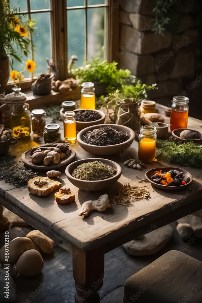 Wooden Table Full of Natural Remedies, Teas, Elixirs, and Life-Saving Plants. Traditional Medicine. Organic Food. Bio Food