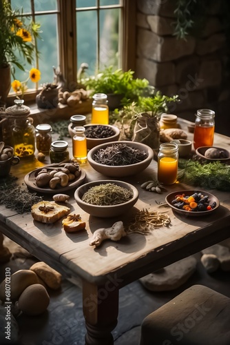 Wooden Table Full of Natural Remedies  Teas  Elixirs  and Life-Saving Plants. Traditional Medicine. Organic Food. Bio Food