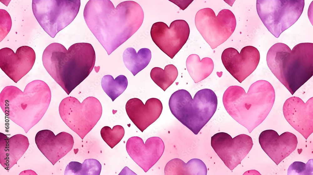 Seamless Background of painted Hearts in magenta Watercolors. Romantic Wallpaper