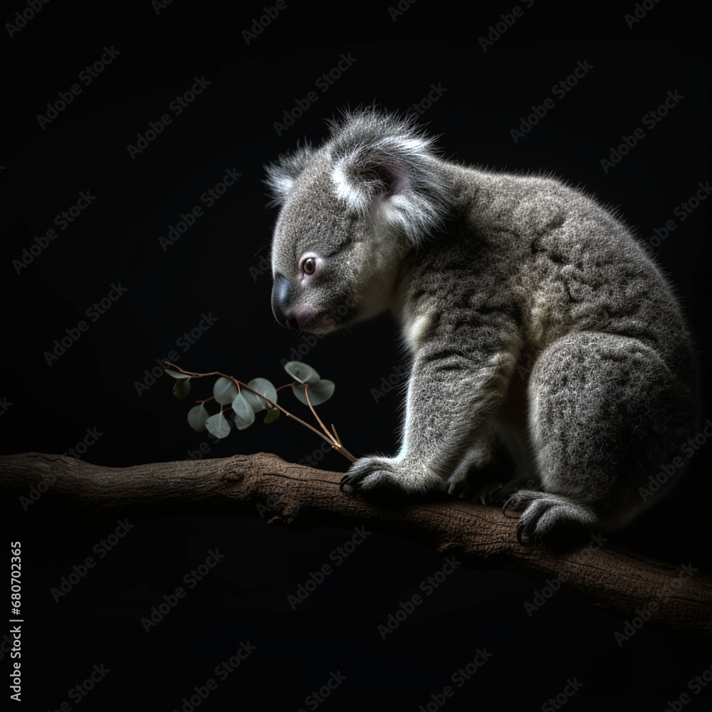 This realistic drawing of a young koala in profile climbing a small tree, a wild animal. Rare animal in the wild. This realistic drawing of a young koala in profile climbing a small tree, a wild animal. Rare animal in the wild.