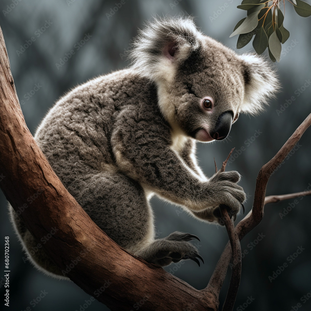 Obraz premium This realistic drawing of a young koala in profile climbing a small tree, a wild animal. Rare animal in the wild.