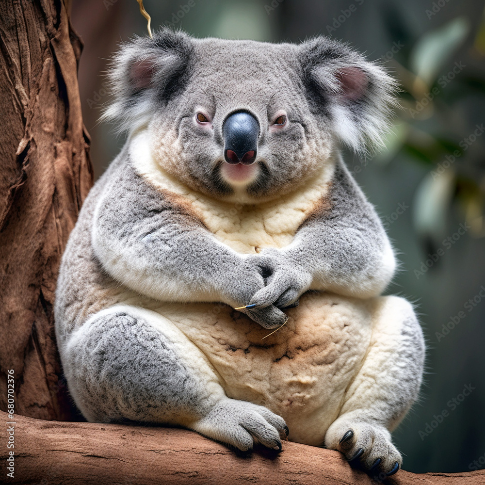 Obraz premium This realistic drawing of a young koala in profile climbing a small tree, a wild animal. Rare animal in the wild.