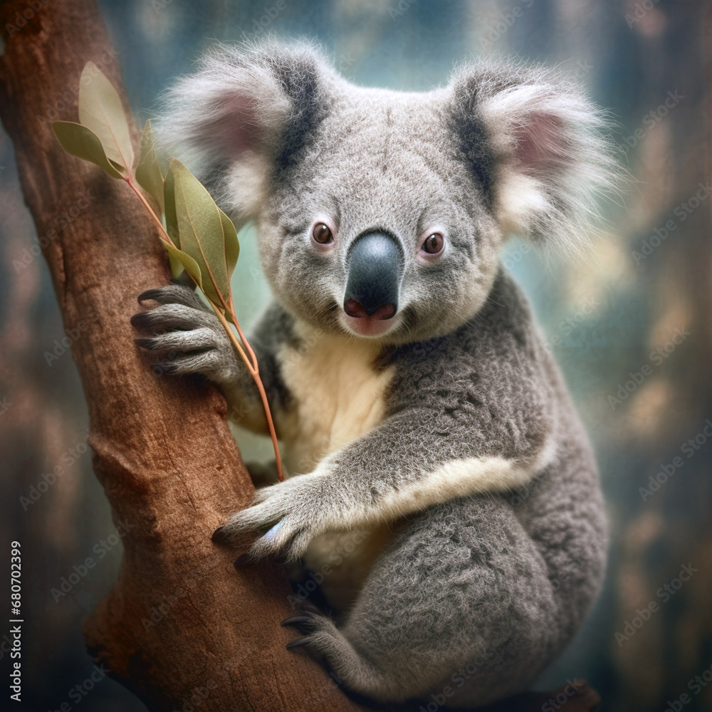 Obraz premium This realistic drawing of a young koala in profile climbing a small tree, a wild animal. Rare animal in the wild.