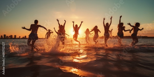 Silhouetted Figures Capture Youthful Energy in Dynamic Beach Jumping Festivity