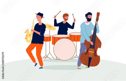 Music band. Drummer saxophonist and guitarist. Vector stylized characters