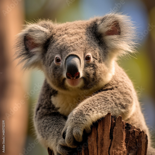 This realistic drawing of a young koala in profile climbing a small tree  a wild animal. Rare animal in the wild.