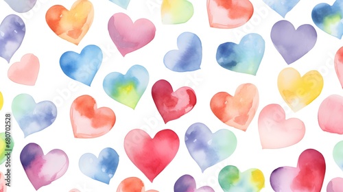 Seamless Background of painted Hearts in multiple Watercolors. Romantic Wallpaper