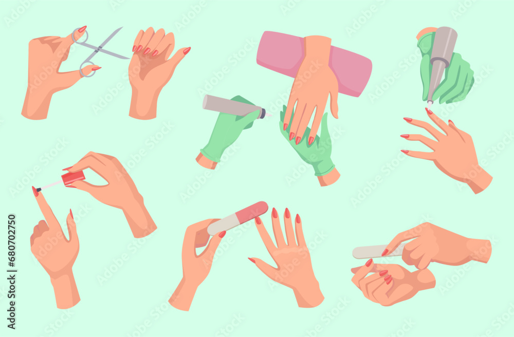 Fototapeta premium Manicure hands. Female beauty salon hands with polish nails exact vector flat pictures set