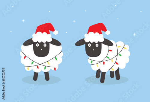 Christmas sheep in Santa hat and with garland. Cartoon drawing vector illustration on blue background