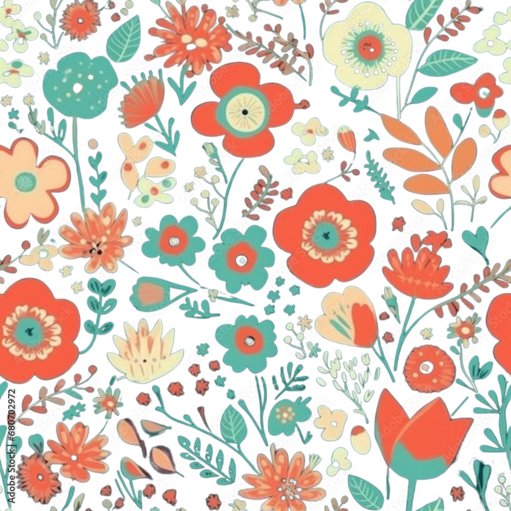 Retro Pastel Seamless Flowers and Leaves Pattern