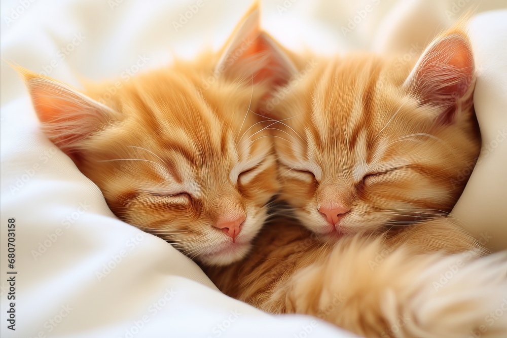 Two Adorable Fluffy Kittens Sound Asleep, Comfortably Cuddled Together for a Peaceful Nap