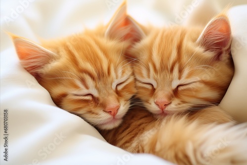 Two Adorable Fluffy Kittens Sound Asleep, Comfortably Cuddled Together for a Peaceful Nap