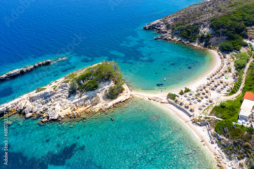 View of Kokkari fishing village with beautiful beach, Samos island, Greece © gatsi