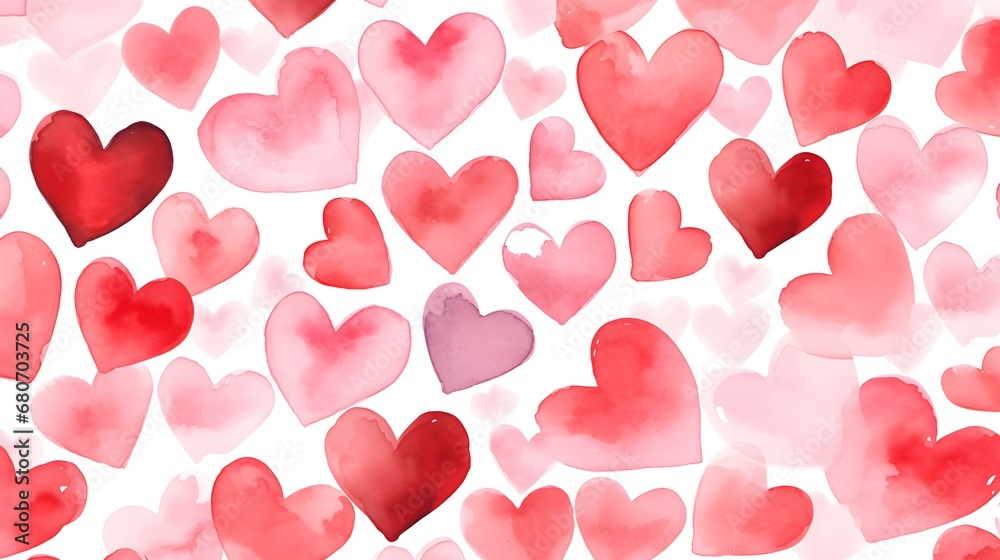 Seamless Background of painted Hearts in red Watercolors. Romantic Wallpaper
