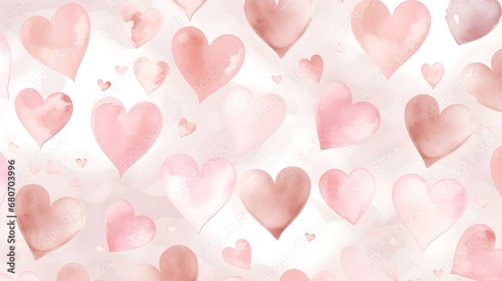 Seamless Background of painted Hearts in rose gold Watercolors. Romantic Wallpaper