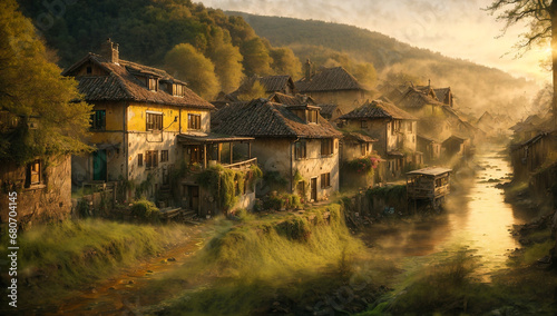 An evocative image of a tranquil village, where an old, weathered house stands as a symbol of time's passage - AI Generative