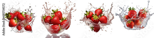  Strawberries falling into water with splash Hyperrealistic Highly Detailed Isolated On Transparent Background Png File