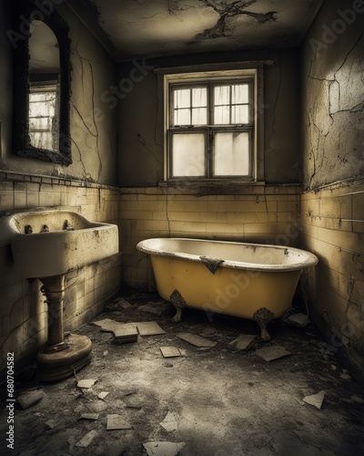 Cracks in the abandoned bathroom, vintage old bath and sink, battered tiles and broken walls, dirty window and mirror photo
