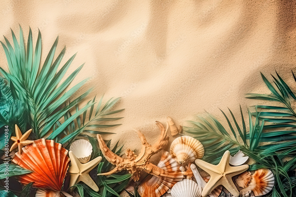 background of seashells, palm leaves and sand with space for text background of seashells, palm leaves and sand with space for text