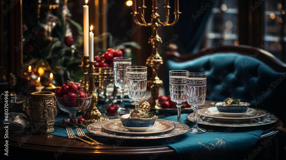 Fancy table setting in a classic and elegant room, displaying beautiful tableware. Fancy table setting in a classic and elegant room, displaying beautiful tableware.
