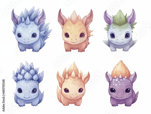 Adorable triceratops babies watercolor illustration. AI generated