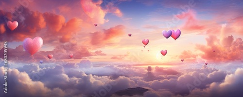 Clouds of Love: A Romantic Tapestry Painted in Pink Hues, Heart-Shaped Balloons Float Amidst the Celestial Canvas, Crafting a Dreamy Valentine's Day Wallpaper of Ethereal Romance