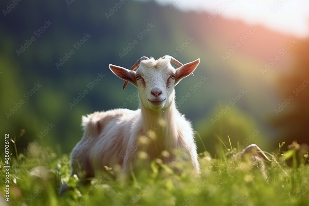 Obraz premium Goats onGoats with blurred background sunlight, domestic animals.