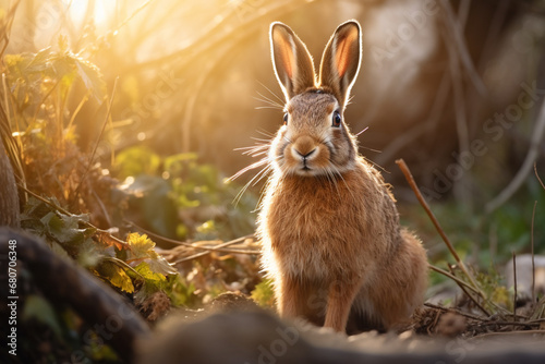 Wild brown european hare stands in the grass and looking at the camera. Lepus europaeus stands on the ground against the backdrop of a green forest. Generative AI © artsterdam