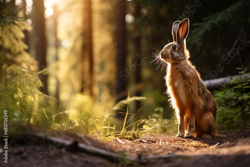 Wild brown european hare stands in the grass and looking at the camera. Lepus europaeus stands on the ground against the backdrop of a green forest. Generative AI