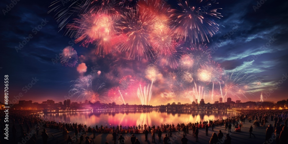Firework explosion in the night sky celebrating happy new year 2024 . National firework shooting in the beautiful sky for a new year day of year 2024 . - obrazy, fototapety, plakaty 