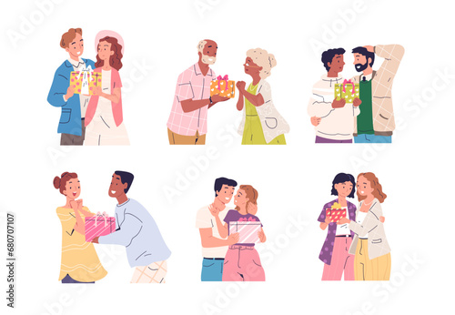 Couple giving gift. Couples gifting, guy give present to girlfriend, friend boyfriends or romantic lovers surprise, woman getting gifts on anniversary, classy vector illustration