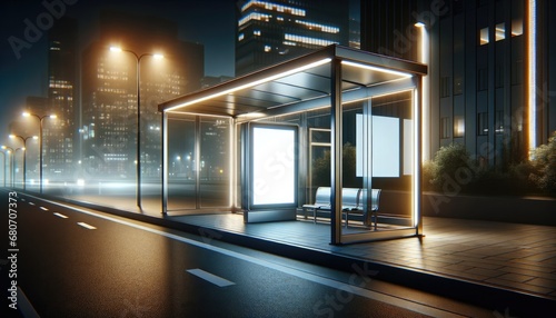 Modern city bus stop stands out with its sleek design and glowing advertisement displays.  photo