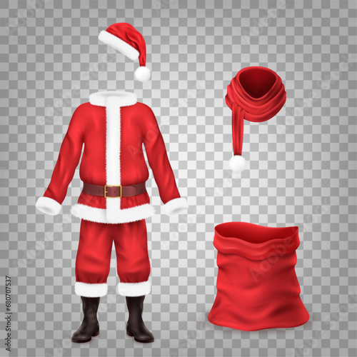 Realistic santa costume. Claus dress suit, traditional christmas clothes santas jacket fancy clothing gift bag shoes winter coat pants with belt scarf, decent vector illustration photo