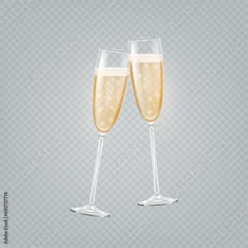 Realistic champagne glasses. 3d isolated glass with wines drinks, glitter bubble in transparent cup, cheers toast, christmas crystal romantic prosecco, decent vector illustration