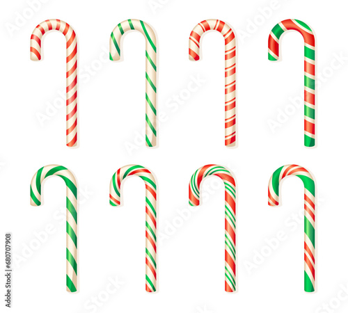 Christmas confection. Candy cane sticks, isolated sugar lollipop traditional xmas celebration element, peppermint sweets red spiral candies, cartoon neoteric vector illustration