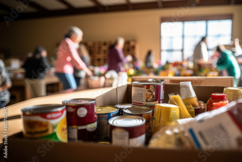 Mature man working as volunteer at community center and arranging donated food and water in boxes photo