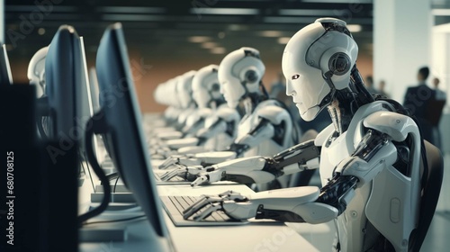  Robot working at computer among people. Maschine typing on keyboard in office. IT team of future. Futuristic worker. Humanoid work at call center. Support job. Selling concept photography