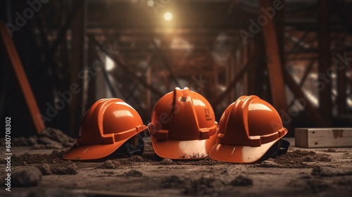 Teamwork of the construction team must have quality. Whether it is engineering, construction workers. And have a helmet to wear at work. For safety at photography