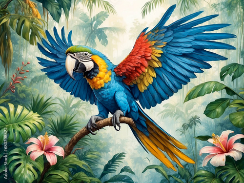 Macaw with open wings in a forest drawn in watercolor.