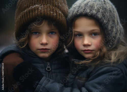 two children holding hands, outside together in winter clothing on a cold day