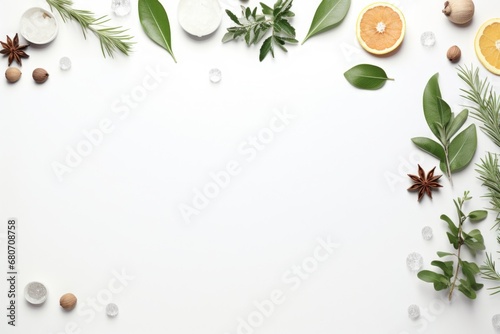 a top view flat lay christmas background border with copy space in the middle: winter herbs and spices, fresh green leaves, orange, cinnamon, anise star