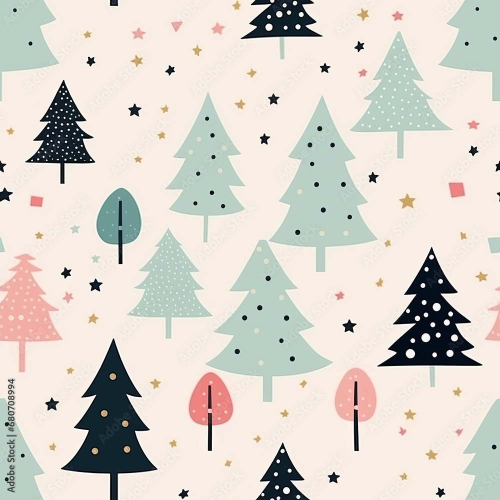 seamless pattern with cute minimalistic pastel drawings of christmas new year theme: pink and green christmas trees and stars on white background