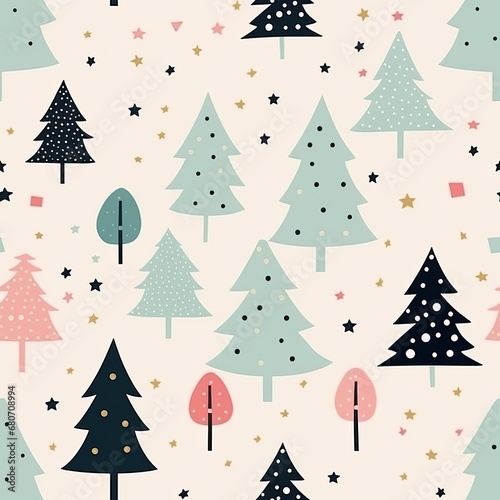 seamless pattern with cute minimalistic pastel drawings of christmas new year theme: pink and green christmas trees and stars on white background © Romana