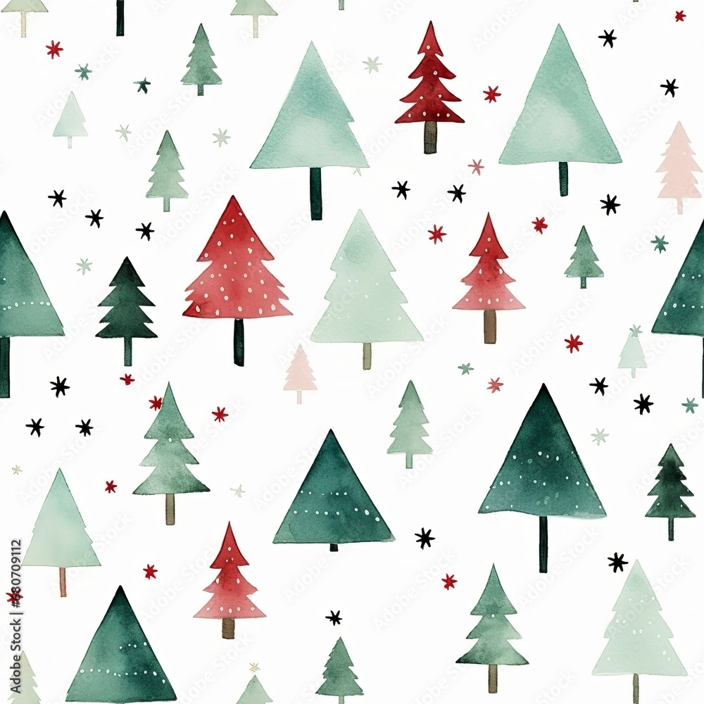 Obraz premium seamless pattern with cute minimalistic pastel watercolor drawings of christmas new year theme: red and green christmas trees and stars on white background