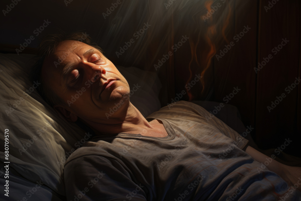 A man resting on his bed fast asleep and dreaming. Light shining in through a sunlit window