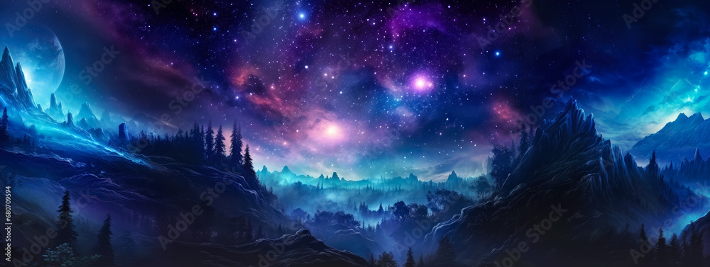 Abstract vibrant colours night sky with stars and nebulas, over mountains landscape. Generative AI