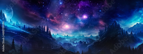 Abstract vibrant colours night sky with stars and nebulas, over mountains landscape. Generative AI