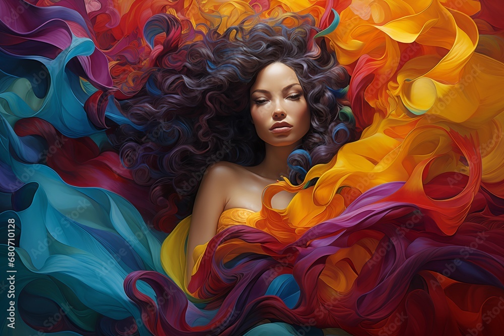 Beautiful woman with long curly hair and colorful abstract background. Beauty, fashion. Ai Generated