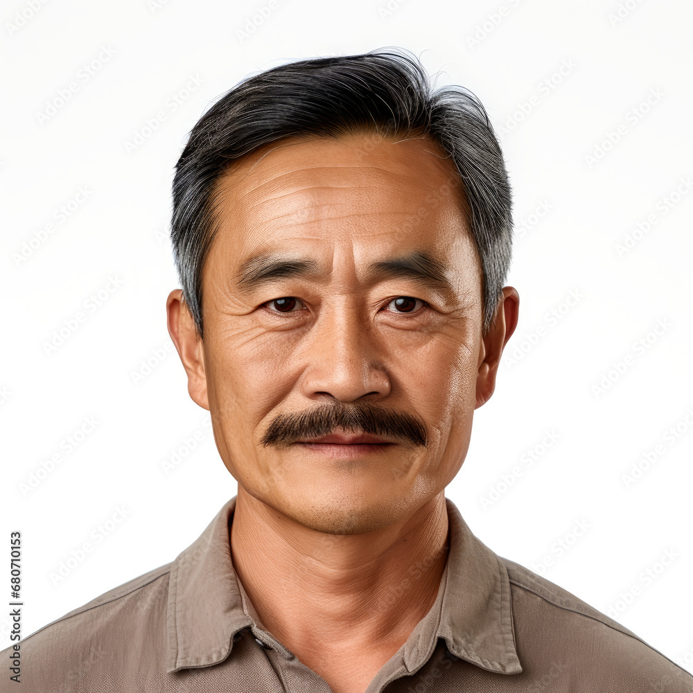 middle aged asian man with mustache . white background . generative ai